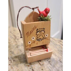 Sherry Shaw Wood Maine Ornament Match Holder Raccoon Cardinal Fake Matches